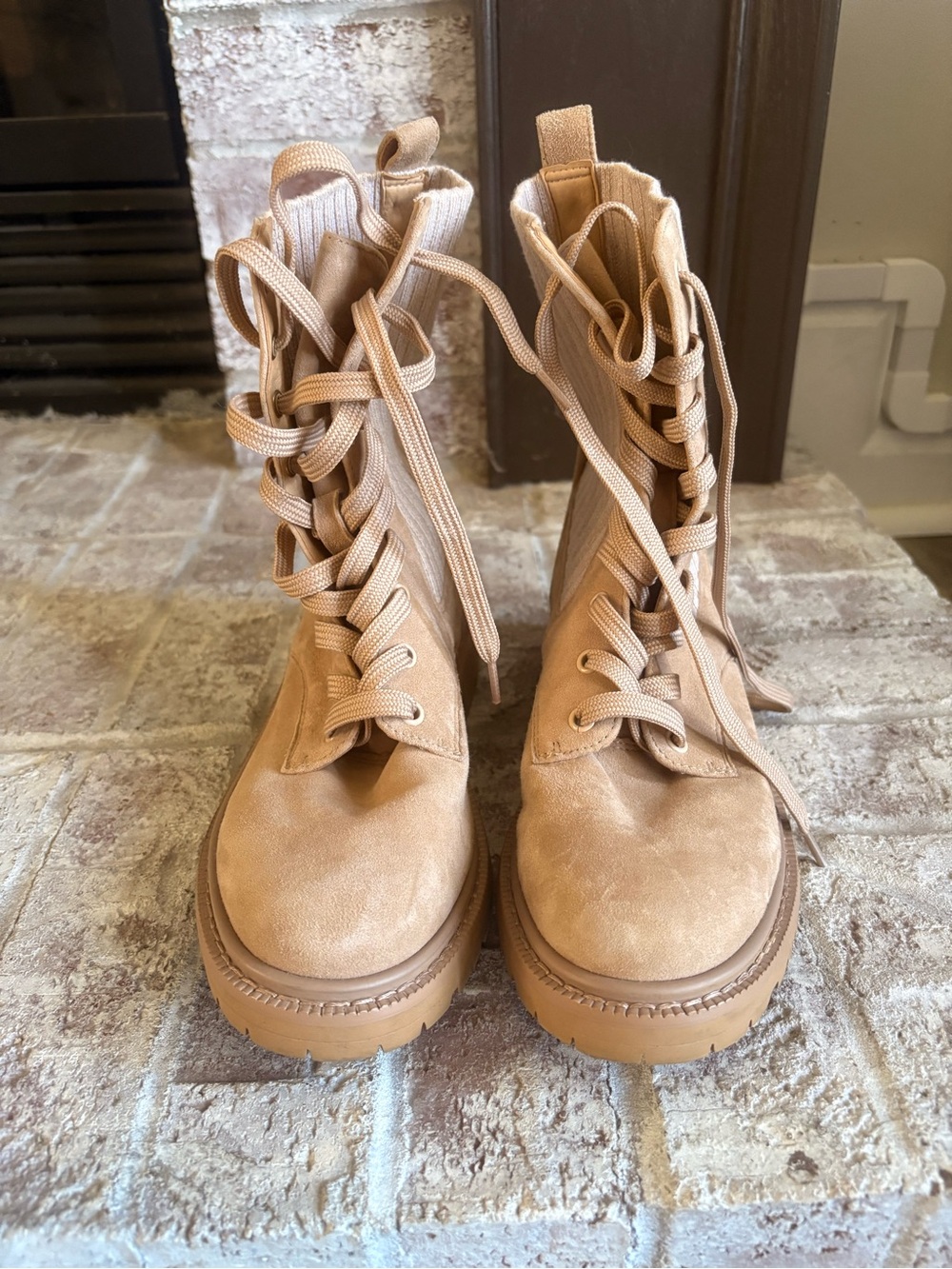 Sam Edelman Tan Lace-Up Platform Combat Boots